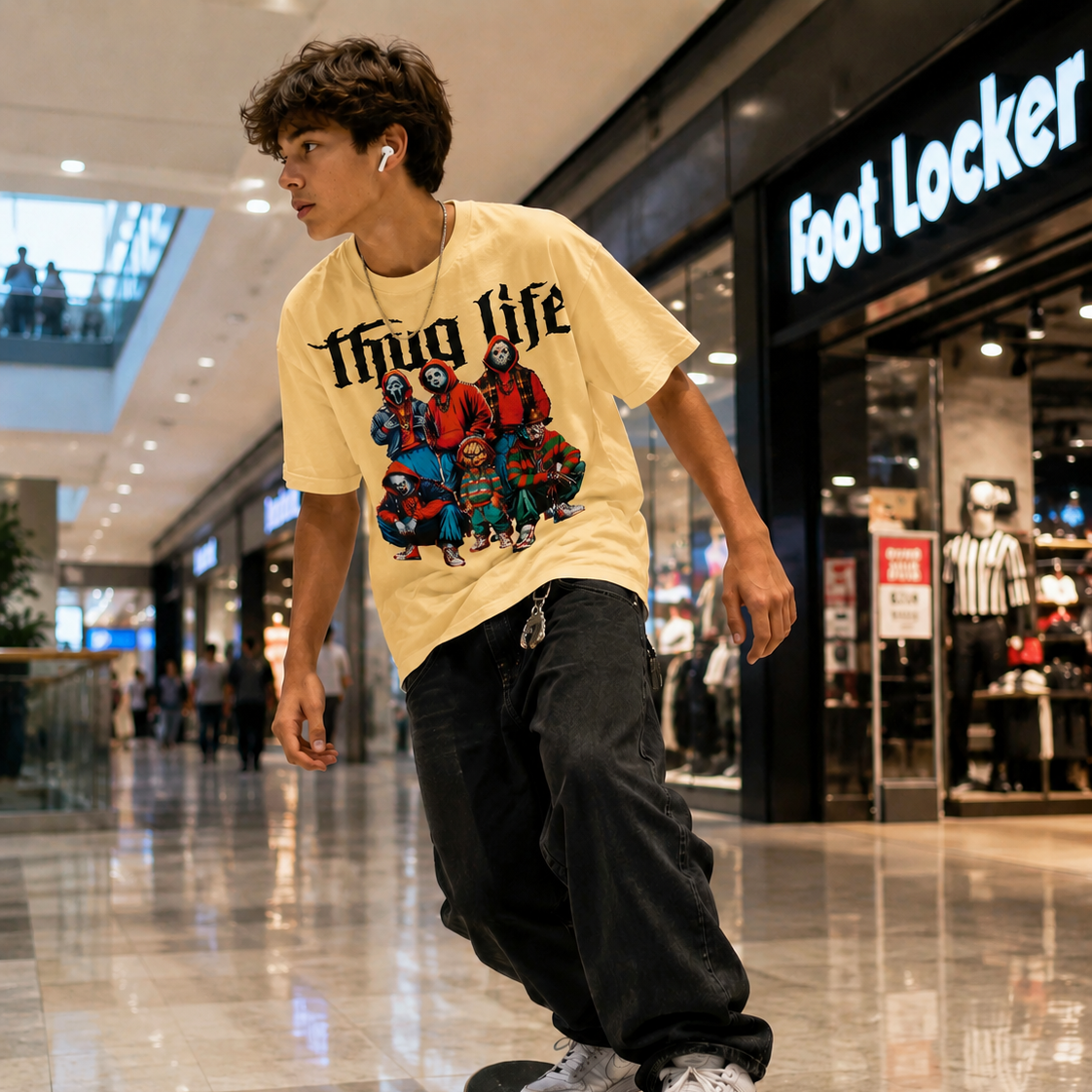 Person skateboarding in a mall with a yellow colored t-shirt with the text Thug Life with a graphic design