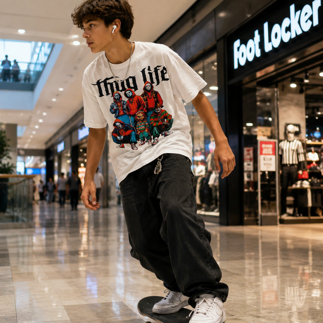 Person skateboarding in a mall with a white colored t-shirt with the text Thug Life with a graphic design