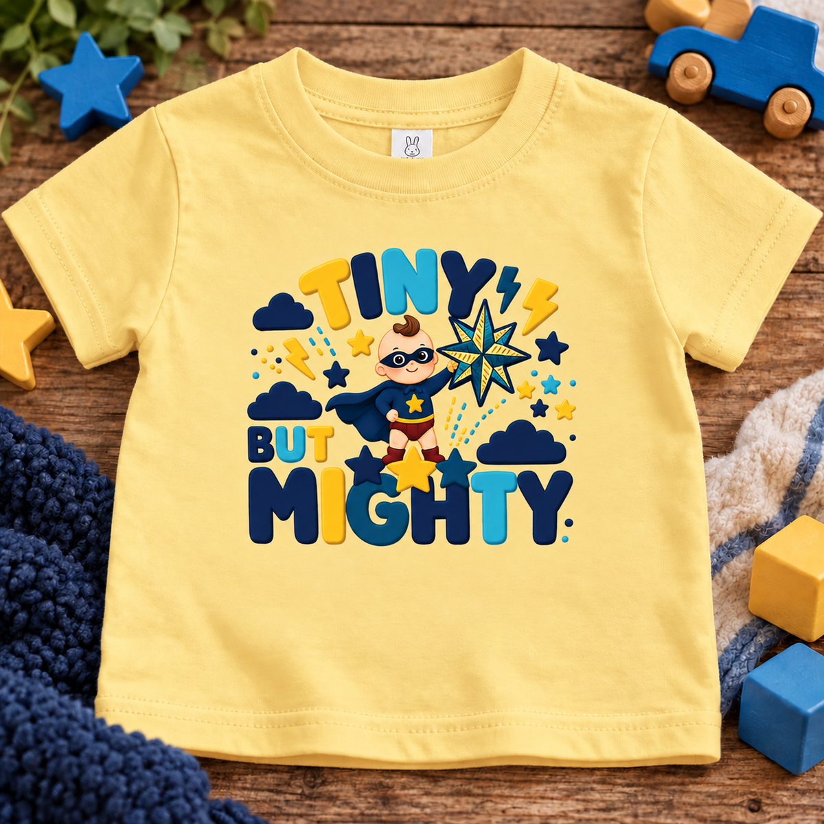 A butter short-sleeve baby t-shirt with a colorful graphic reading 'TINY BUT MIGHTY' and featuring a superhero character, laid flat on a wooden surface surrounded by toys and a knit blanket.