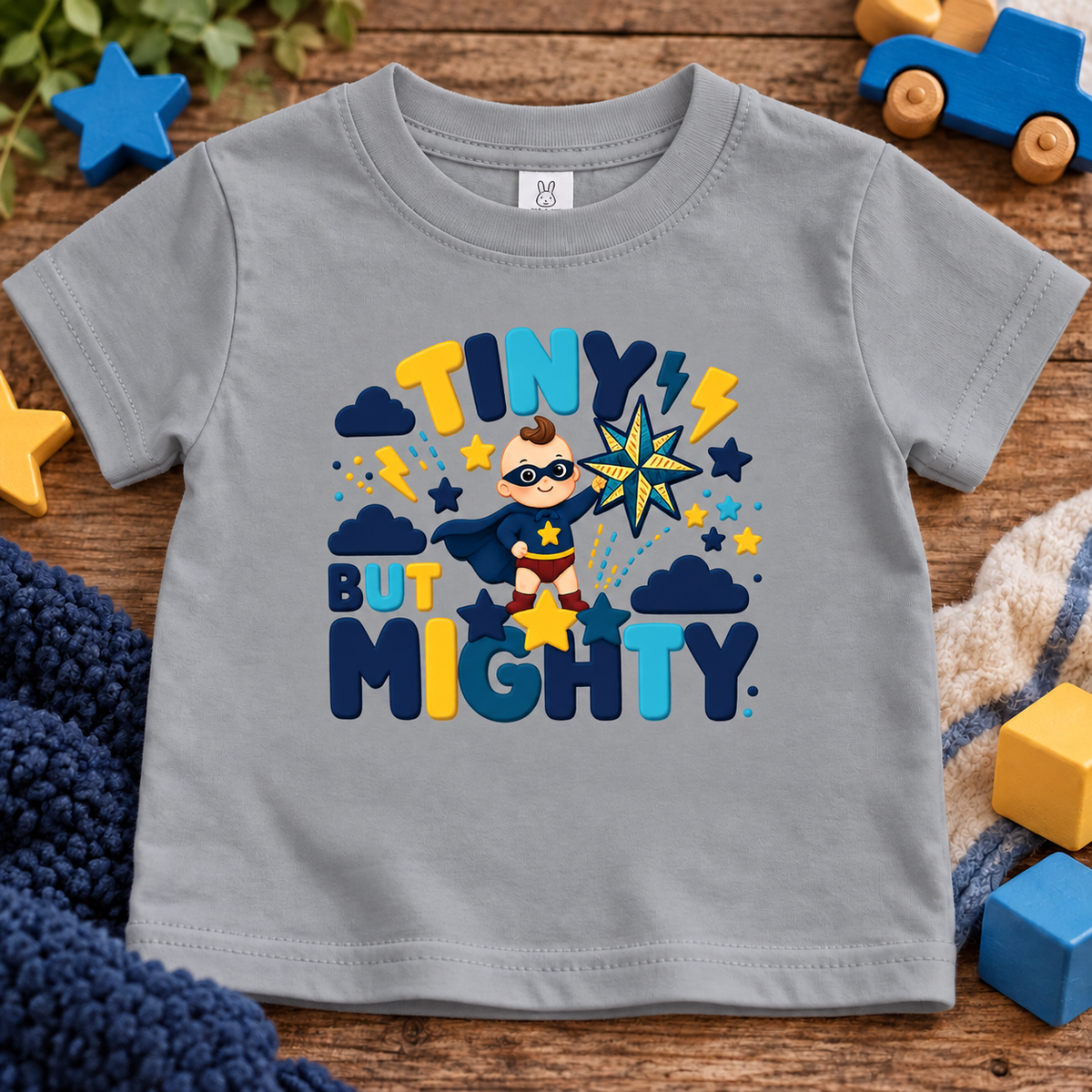 A titanium gray baby t-shirt with a colorful graphic that reads 'TINY BUT MIGHTY' featuring a cartoon superhero. The t-shirt is displayed in a flat-lay arrangement on a wooden surface surrounded by toys and a knit blanket.