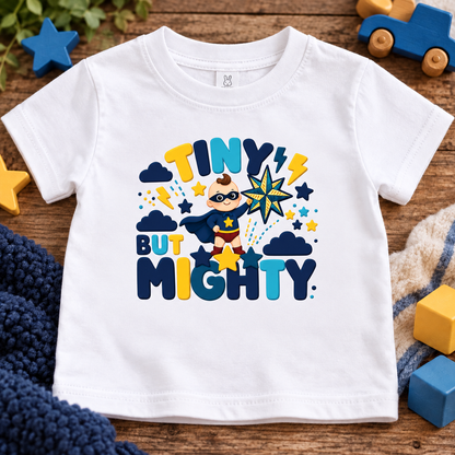 A white short-sleeve baby t-shirt with a colorful graphic print of a superhero character and the words 'TINY BUT MIGHTY' in blue and yellow, styled on a wooden surface with toys.