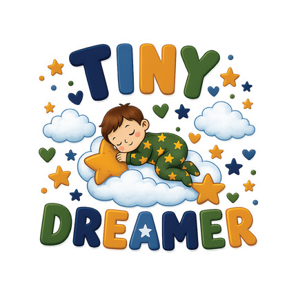 A colorful cartoon-style graphic with the words 'TINY DREAMER' in large multicolored letters, surrounding a sleeping child in green pajamas with yellow stars, resting on a white cloud with stars and hearts.