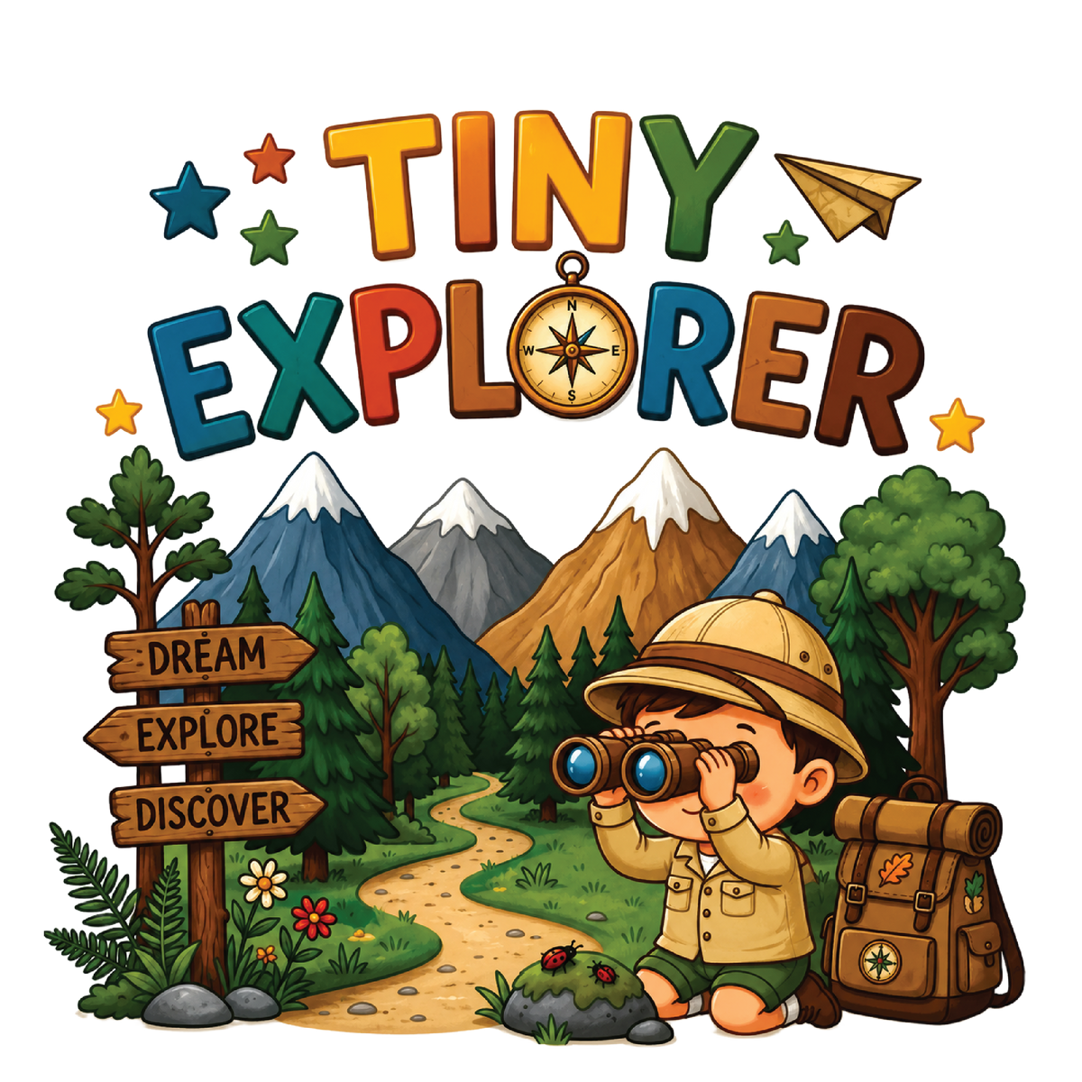 A colorful cartoon-style graphic with the words “TINY EXPLORER” above a child explorer kneeling by a path, wearing a safari hat and jacket, using binoculars, with mountains, trees, a paper airplane, and a backpack in the background.