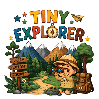 A colorful cartoon-style graphic with the words “TINY EXPLORER” above a child explorer kneeling by a path, wearing a safari hat and jacket, using binoculars, with mountains, trees, a paper airplane, and a backpack in the background.