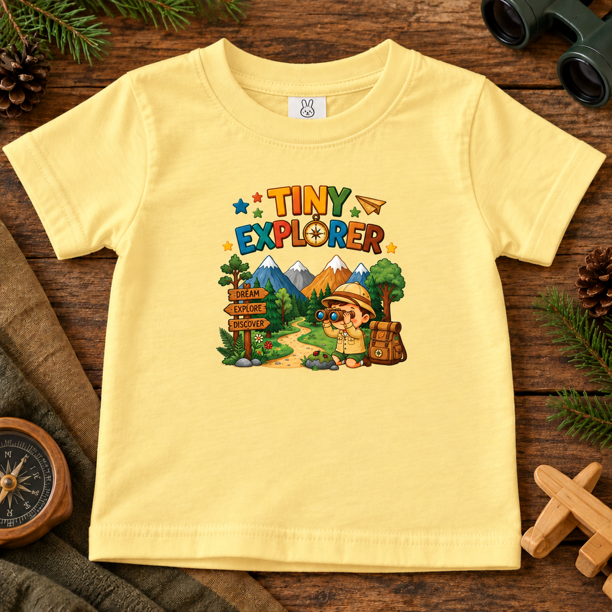 A butter yellow short-sleeve kids' t-shirt with a colorful 'TINY EXPLORER' graphic on the front, laid flat on a rustic wooden surface surrounded by outdoor-themed props like pine branches, a compass, binoculars, and a wooden cross.