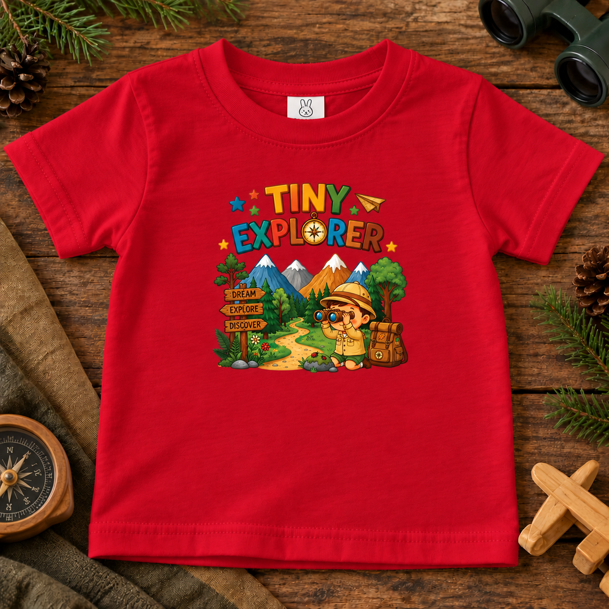 A red short-sleeve kids' t-shirt with a colorful 'TINY EXPLORER' graphic on the chest, displayed in a flat-lay arrangement on a rustic wooden surface with outdoor-themed props like pine branches, a compass, and binoculars.