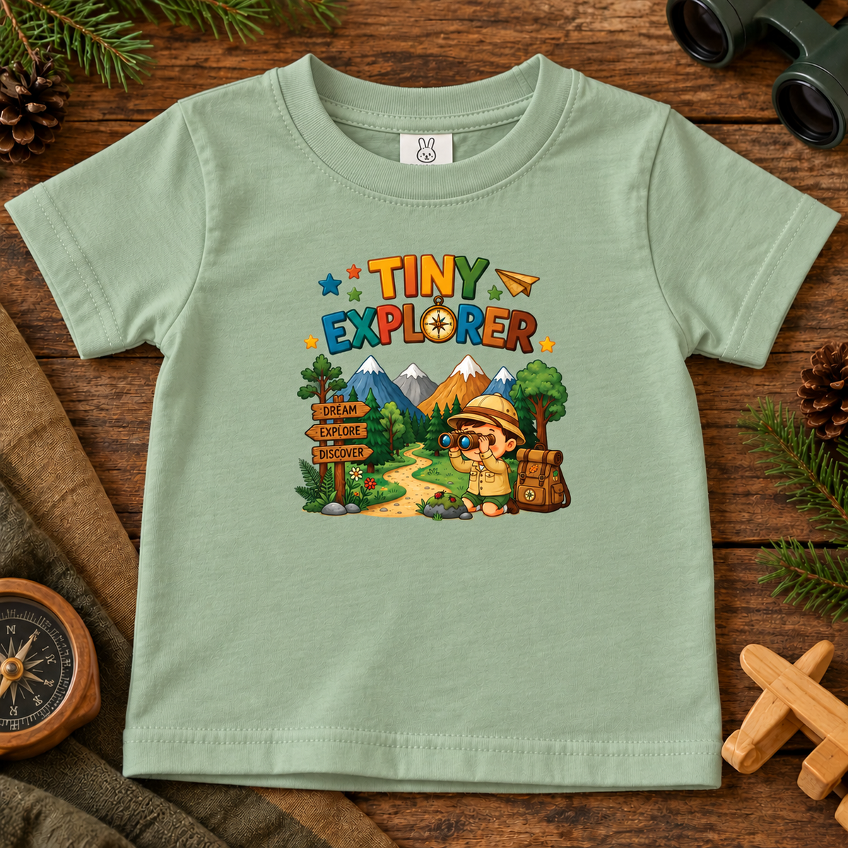 A sage green baby t-shirt with a colorful 'TINY EXPLORER' graphic print, displayed in a flat-lay arrangement on a rustic wooden surface with pinecones, a wooden cross, and binoculars.