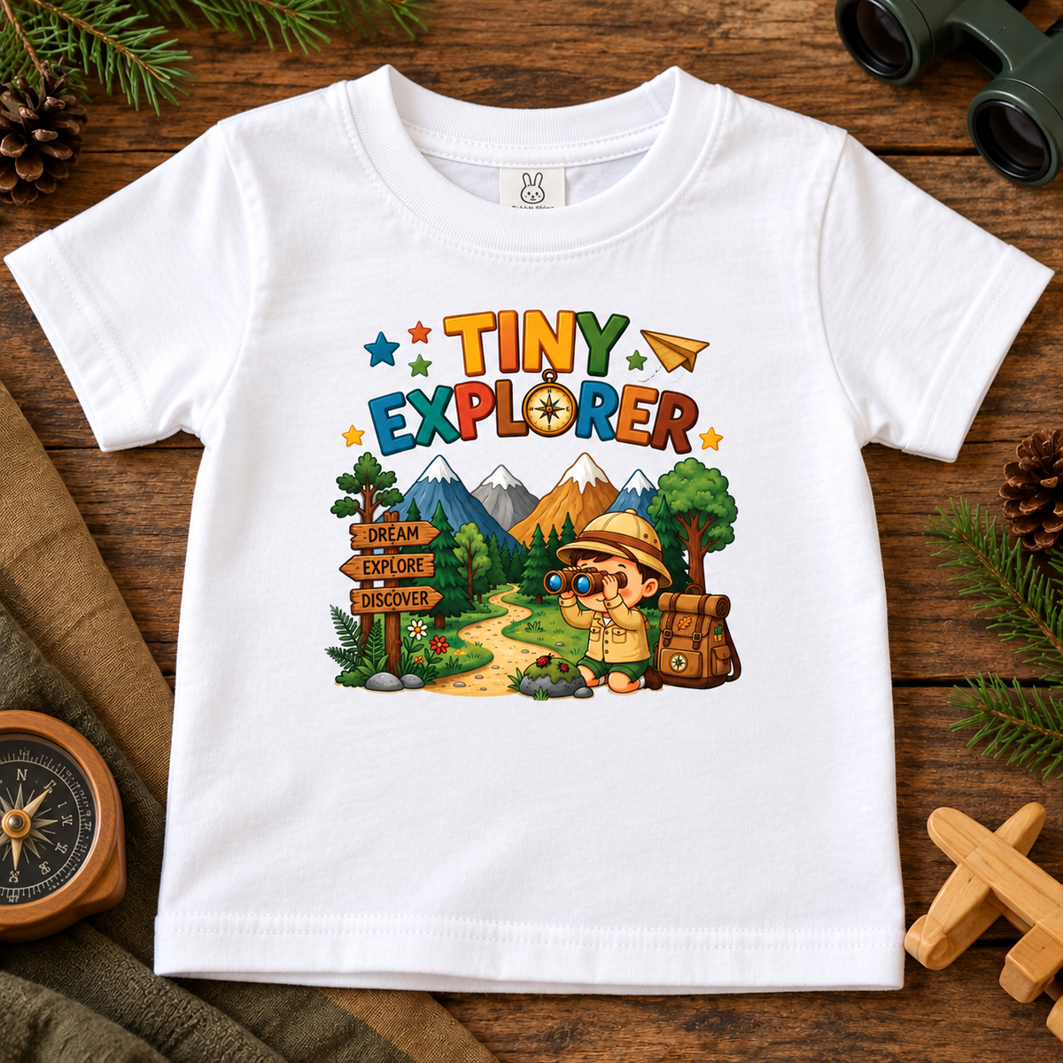 A white short-sleeve kids' t-shirt with a colorful 'Tiny Explorer' graphic print, laid flat on a rustic wooden background surrounded by outdoor-themed props like pine branches, a compass, and binoculars.