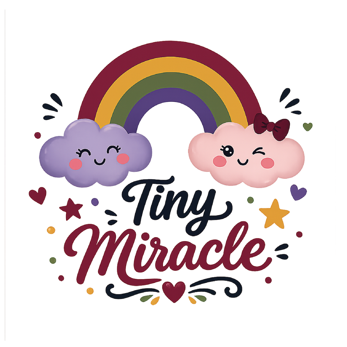 A cute graphic design featuring a smiling rainbow with two cartoon clouds, one purple and one pink, flanking the words 'Tiny Miracle' in playful script and serif fonts. Small stars, hearts, and dots decorate the design on a plain white background.