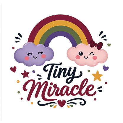 A cute graphic design featuring a smiling rainbow with two cartoon clouds, one purple and one pink, flanking the words 'Tiny Miracle' in playful script and serif fonts. Small stars, hearts, and dots decorate the design on a plain white background.