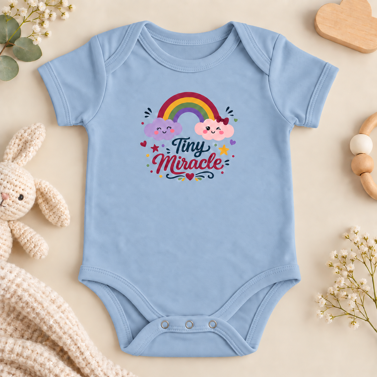 A light blue baby bodysuit with a colorful 'Tiny Miracle' rainbow graphic on the chest, styled in a flat lay with a plush bunny, wooden toy, and baby flowers on a beige background.