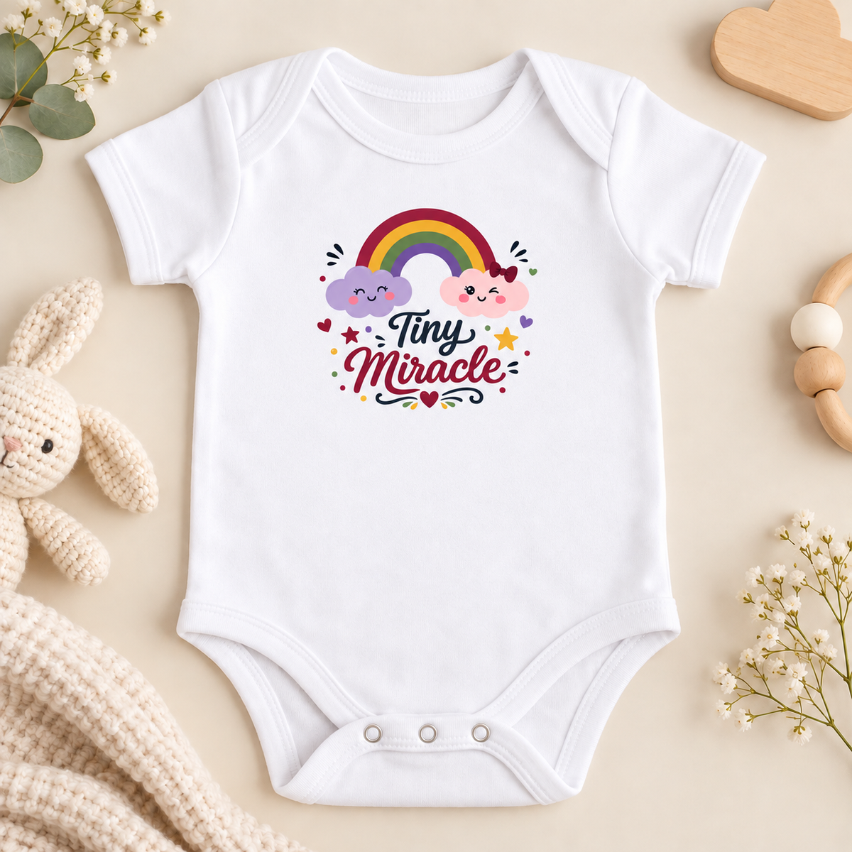 A white onesie(bodysuit) with a rainbow and clouds graphic with text Tiny Miracle
