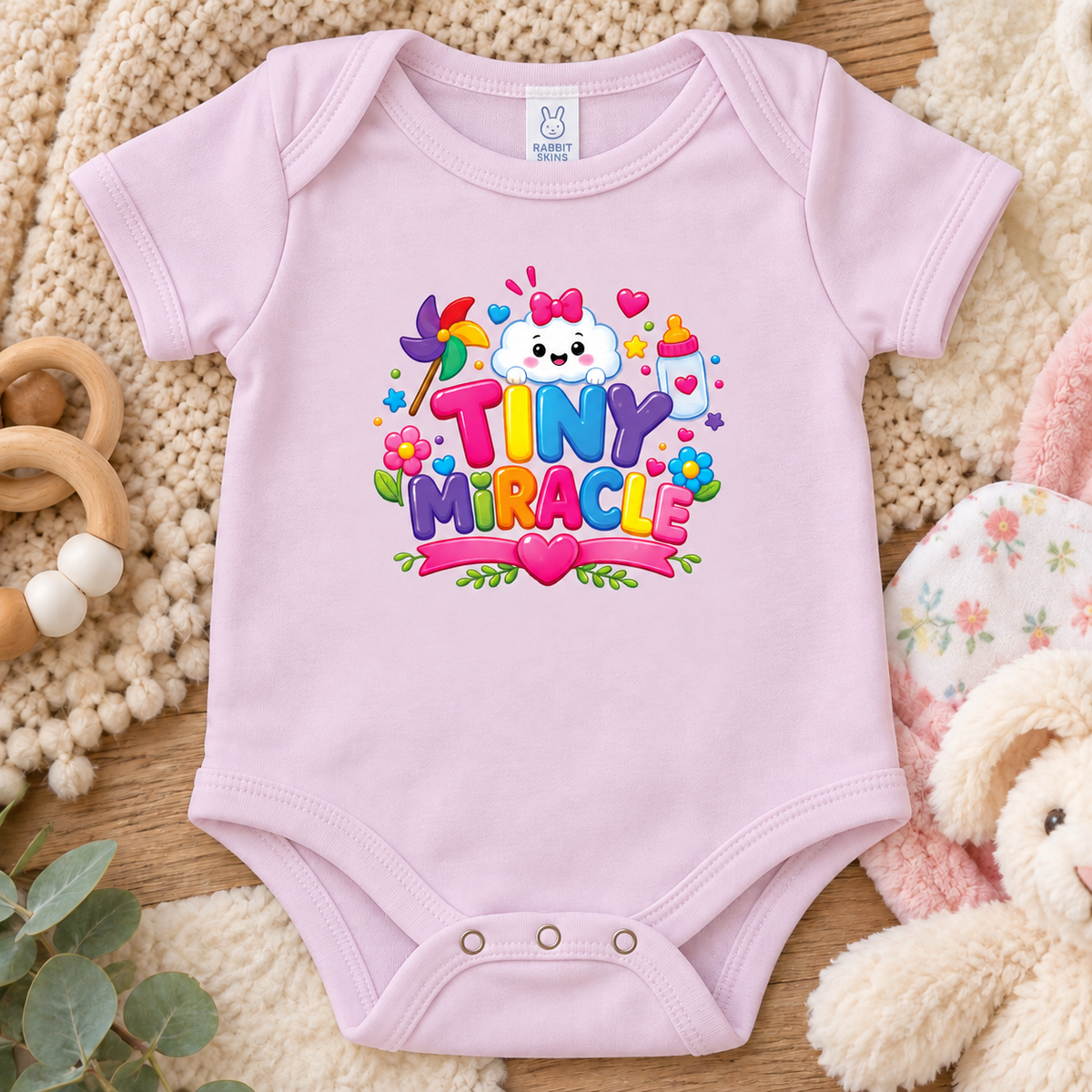 A ballerina  pink short-sleeve baby bodysuit features a colorful 'TINY MIRACLE' graphic with a cartoon cloud, flowers, hearts, and a baby bottle.