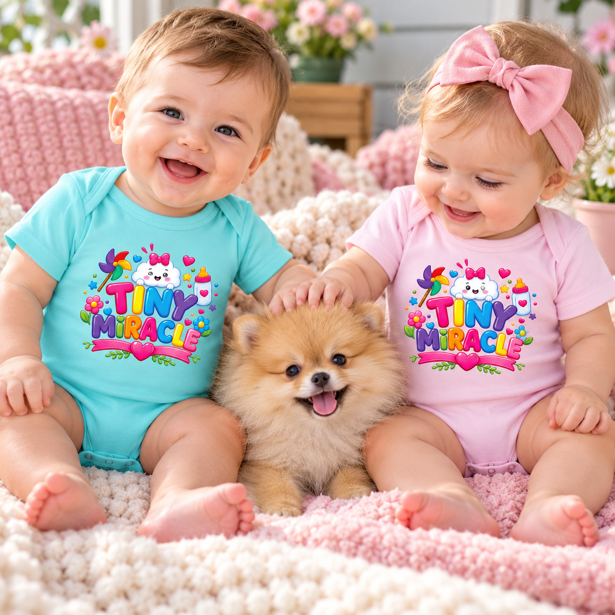 Two smiling babies sitting on a fluffy pink blanket with a small fluffy dog between them. The baby on the left wears a chill blue short-sleeve bodysuit with a colorful 'TINY MIRACLE' graphic, and the baby on the right wears a ballerina short-sleeve bodysuit with the same graphic and a pink bow headband.