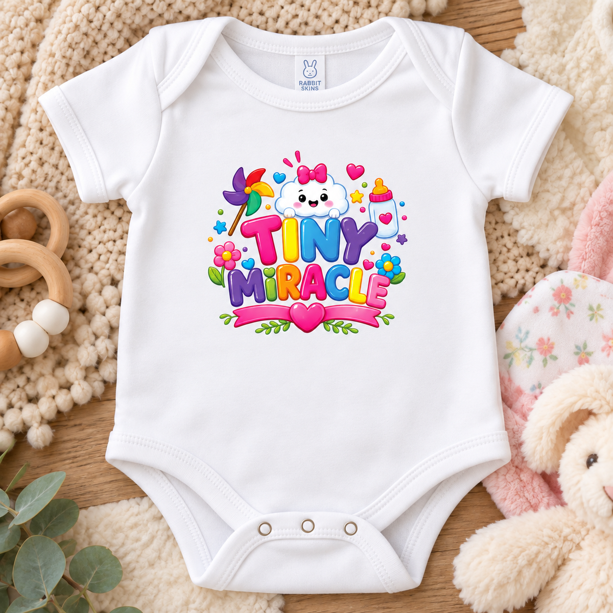 A white short-sleeve baby bodysuit features a colorful 'TINY MIRACLE' graphic with a cartoon cloud, flowers, hearts, and a baby bottle.