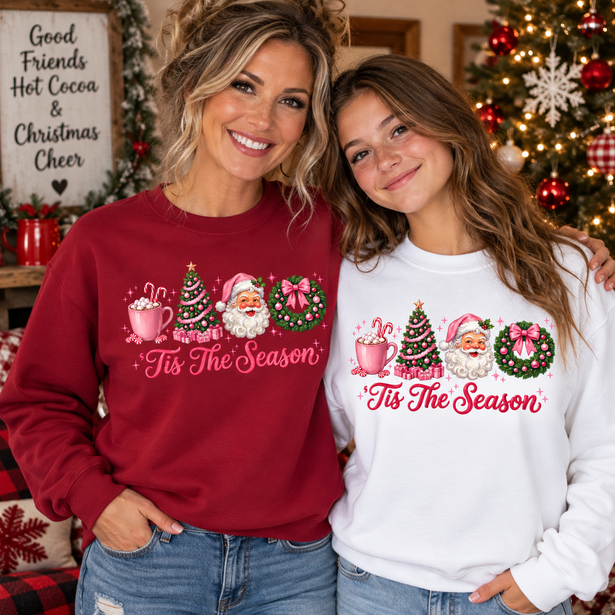 Two women posing together in matching Christmas-themed sweatshirts. The woman on the left wears a cardinal red sweatshirt and the woman on the right wears a white sweatshirt, both featuring a graphic of Santa, a Christmas tree, hot cocoa mugs, and a holiday wreath with the text 'Tis The Season'.