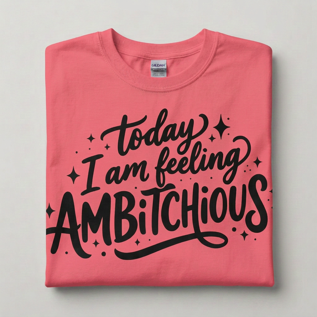 A folded coral silk pink t-shirt with a black graphic text reading 'today I am feeling AMBITIOUS' surrounded by small black stars, shown on a light gray background.