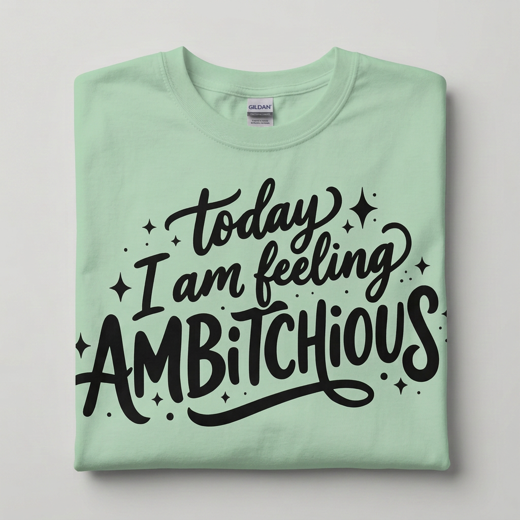 A folded mint green Gildan t-shirt with a black hand-lettered graphic that reads 'today I am feeling AMBITCHIOUS' surrounded by small star and dot accents, displayed on a neutral light gray background.
