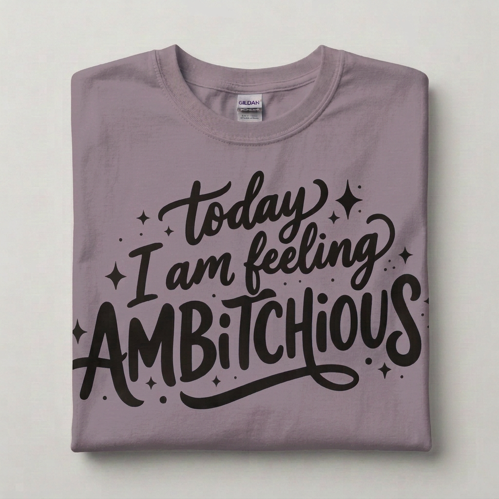 A folded paragon purple crewneck t-shirt with a black graphic text print reading 'today I am feeling AMBITIOUS' surrounded by small star doodles. The shirt is laid flat on a light gray background, showing a Gildan brand tag inside the collar.