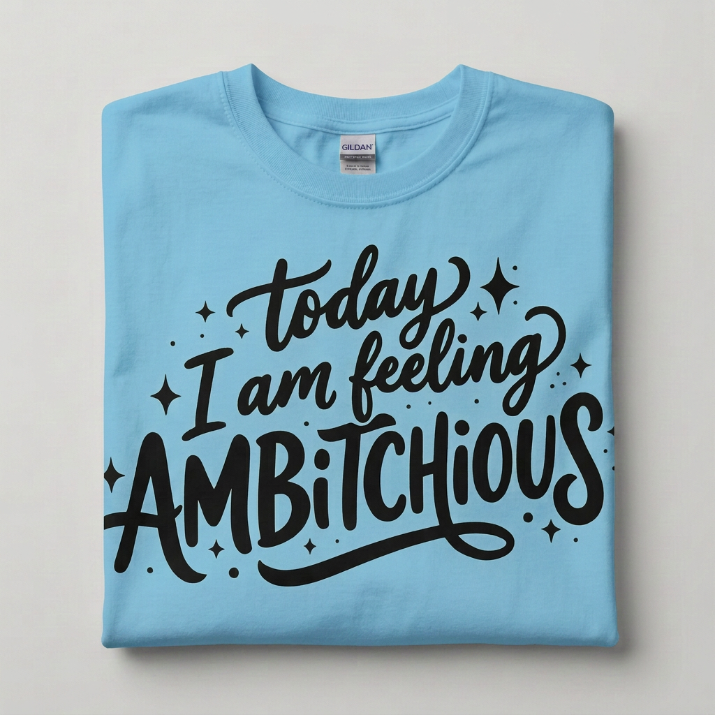 A folded sky blue Gildan t-shirt with a black hand-lettered graphic that reads 'today I am feeling AMBITCHIOUS' surrounded by small star and dot accents, displayed on a neutral light gray background.