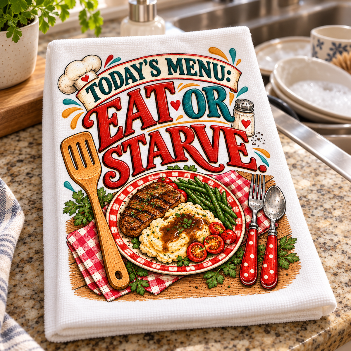 A white kitchen towel with a colorful printed graphic reading 'TODAY'S MENU: EAT OR STARVE.' and showing a plated meal with a wooden spoon, fork, spoon, and red checkered napkin, placed on a granite countertop in a kitchen setting.