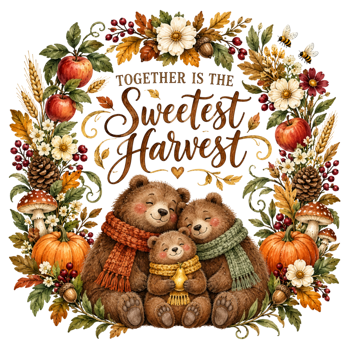 A festive autumn illustration with the text 'TOGETHER IS THE Sweetest Harvest' surrounded by bears, pumpkins, flowers, leaves, acorns, pinecones, and mushrooms on a white background.