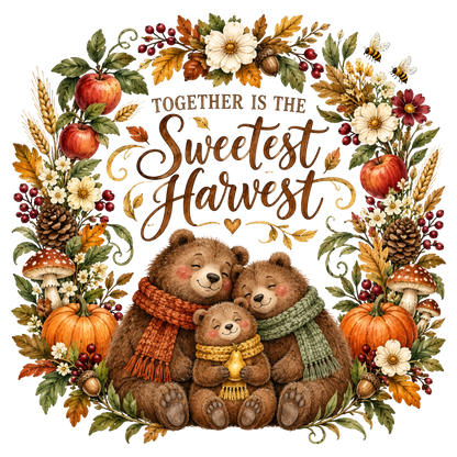 A festive autumn illustration with the text 'TOGETHER IS THE Sweetest Harvest' surrounded by bears, pumpkins, flowers, leaves, acorns, pinecones, and mushrooms on a white background.