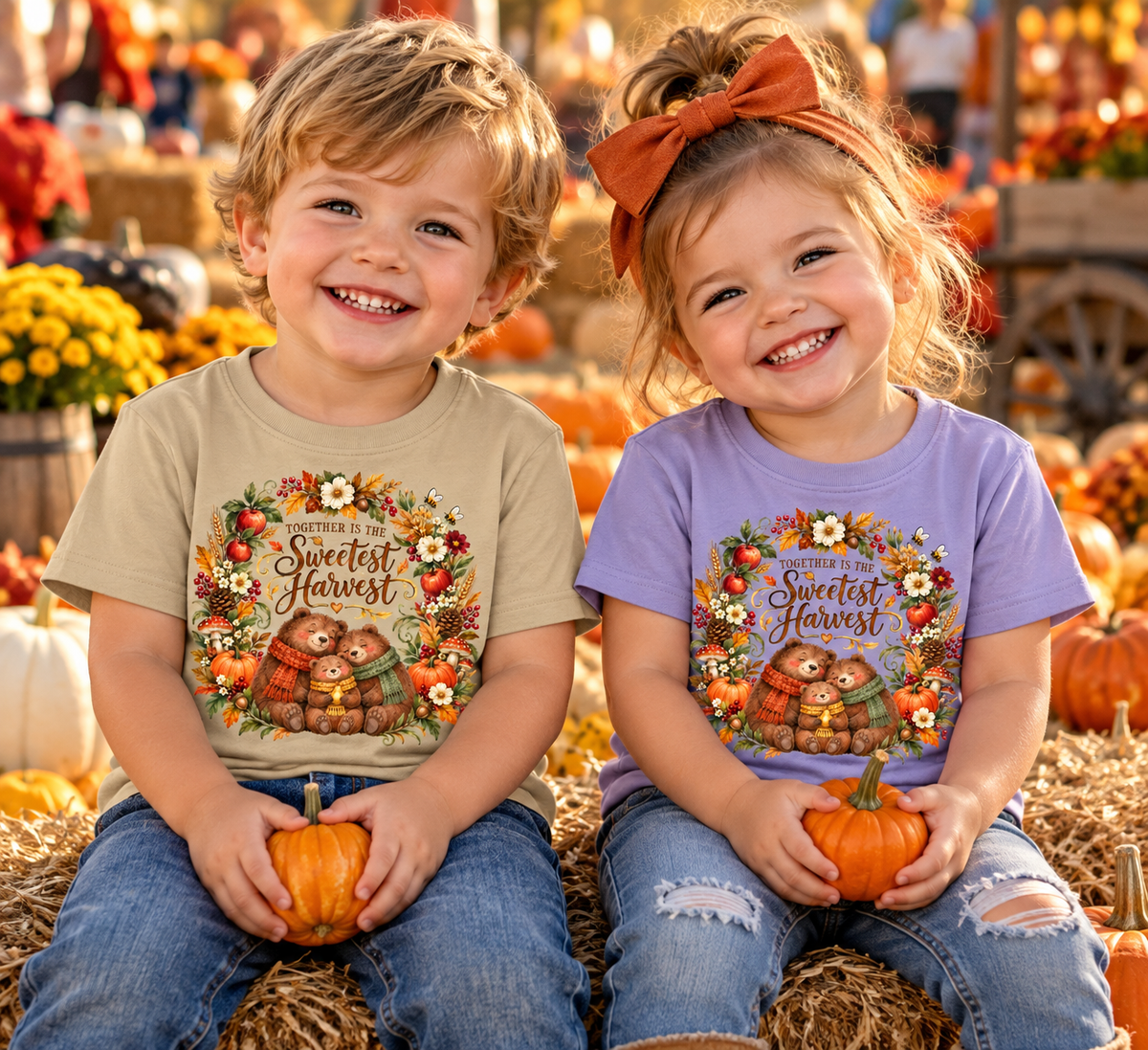 Two young children sitting on hay bales in a fall-themed outdoor setting, wearing matching graphic T-shirts with a harvest bear design. The child on the left wears a beige shirt and the child on the right wears a lavender shirt.