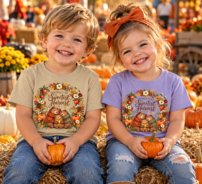Two young children sitting on hay bales in a fall-themed outdoor setting, wearing matching graphic T-shirts with a harvest bear design. The child on the left wears a beige shirt and the child on the right wears a lavender shirt.