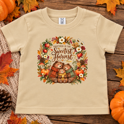 A sand colored short-sleeve toddler t-shirt with a fall-themed graphic of two bears under a floral wreath, styled on a rustic wood background with autumn leaves and pumpkins.