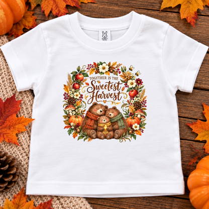 A white short-sleeve toddler t-shirt with a 'Sweetest Harvest' graphic featuring two teddy bears and autumn elements, displayed on a rustic wooden background with fall leaves and pumpkins.