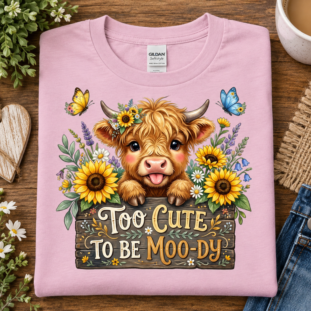 A folded light pink Gildan Softstyle t-shirt with a colorful graphic of a Highland cow surrounded by sunflowers, butterflies, and the text 'Too Cute to be Moo-Dy', displayed on a wooden surface with lifestyle props.