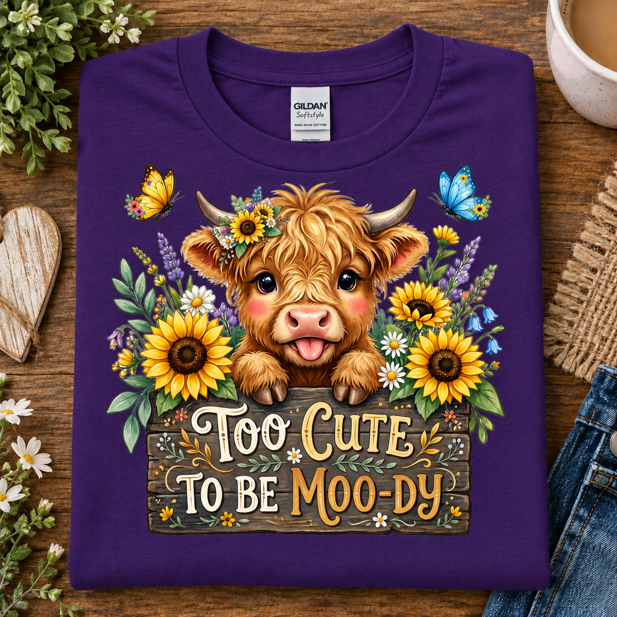 A folded purple Gildan Comfortwear t-shirt with a cartoon Highland cow graphic and the text 'Too Cute to Be Moo-Dy', displayed on a wooden surface with lifestyle props.