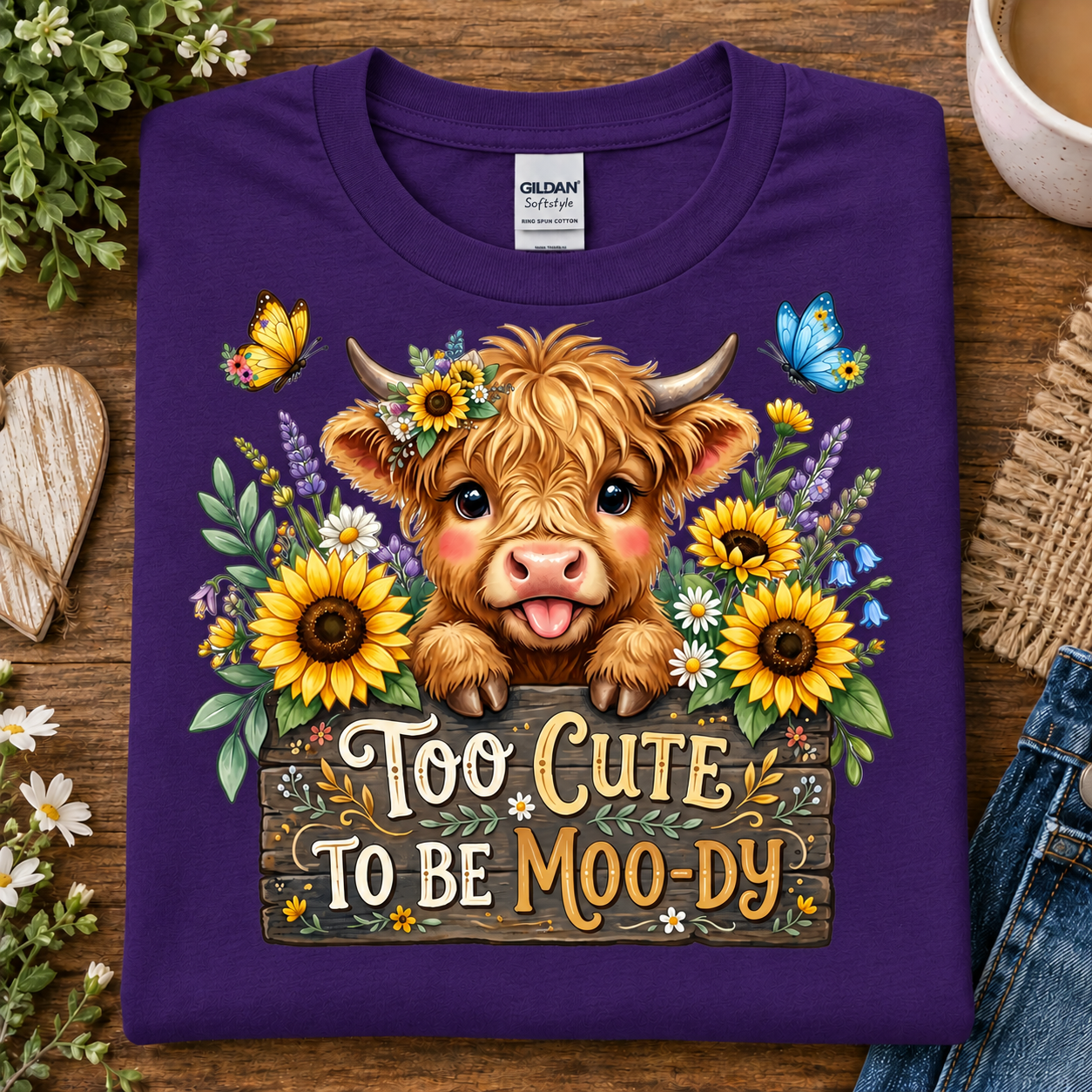 A folded purple Gildan Comfortwear t-shirt with a cartoon Highland cow graphic and the text 'Too Cute to Be Moo-Dy', displayed on a wooden surface with lifestyle props.