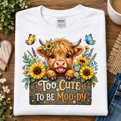 A folded white Gildan Softstyle T-shirt with a colorful graphic of a cute Highland cow surrounded by sunflowers, butterflies, and the text 'Too Cute to Be Moo-Dy', displayed on a wooden surface with styled props.