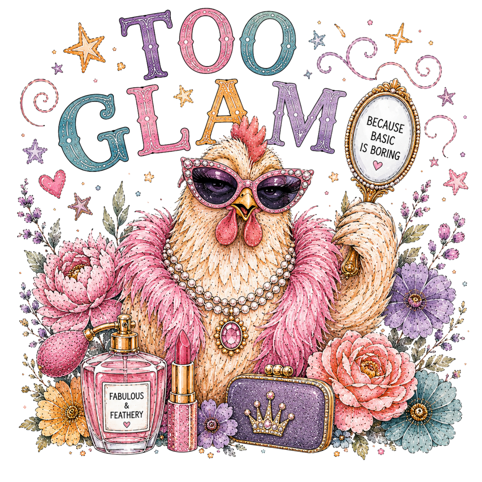 A colorful graphic featuring a rooster wearing pink sunglasses, a pink feather boa, and a pearl necklace, surrounded by flowers and beauty items including a perfume bottle, lipstick, and a clutch purse. The text 'TOO GLAM' appears at the top, along with decorative stars and hearts.