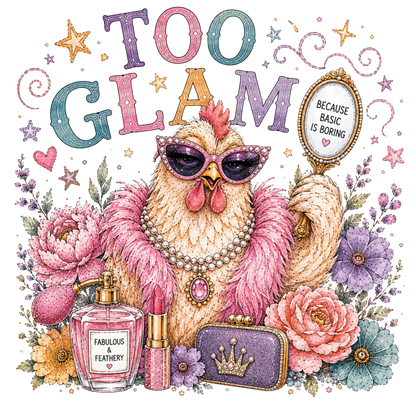A colorful graphic featuring a rooster wearing pink sunglasses, a pink feather boa, and a pearl necklace, surrounded by flowers and beauty items including a perfume bottle, lipstick, and a clutch purse. The text 'TOO GLAM' appears at the top, along with decorative stars and hearts.