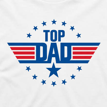 'Top Dad' design featuring red, blue, and white colors on a white background