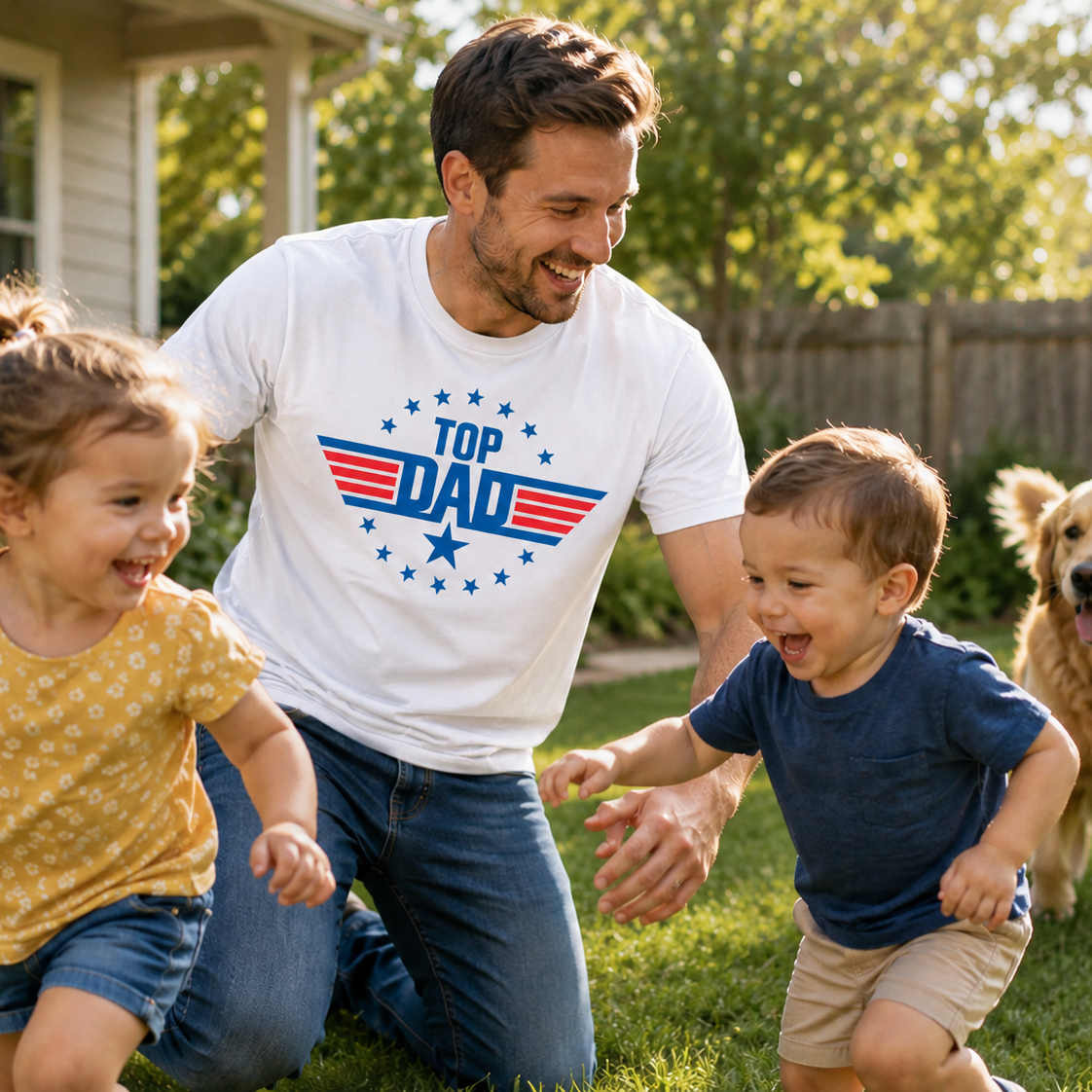 Man wearing a 'Top Dad' on a white colored t-shirt with two children and a dog in a backyard.