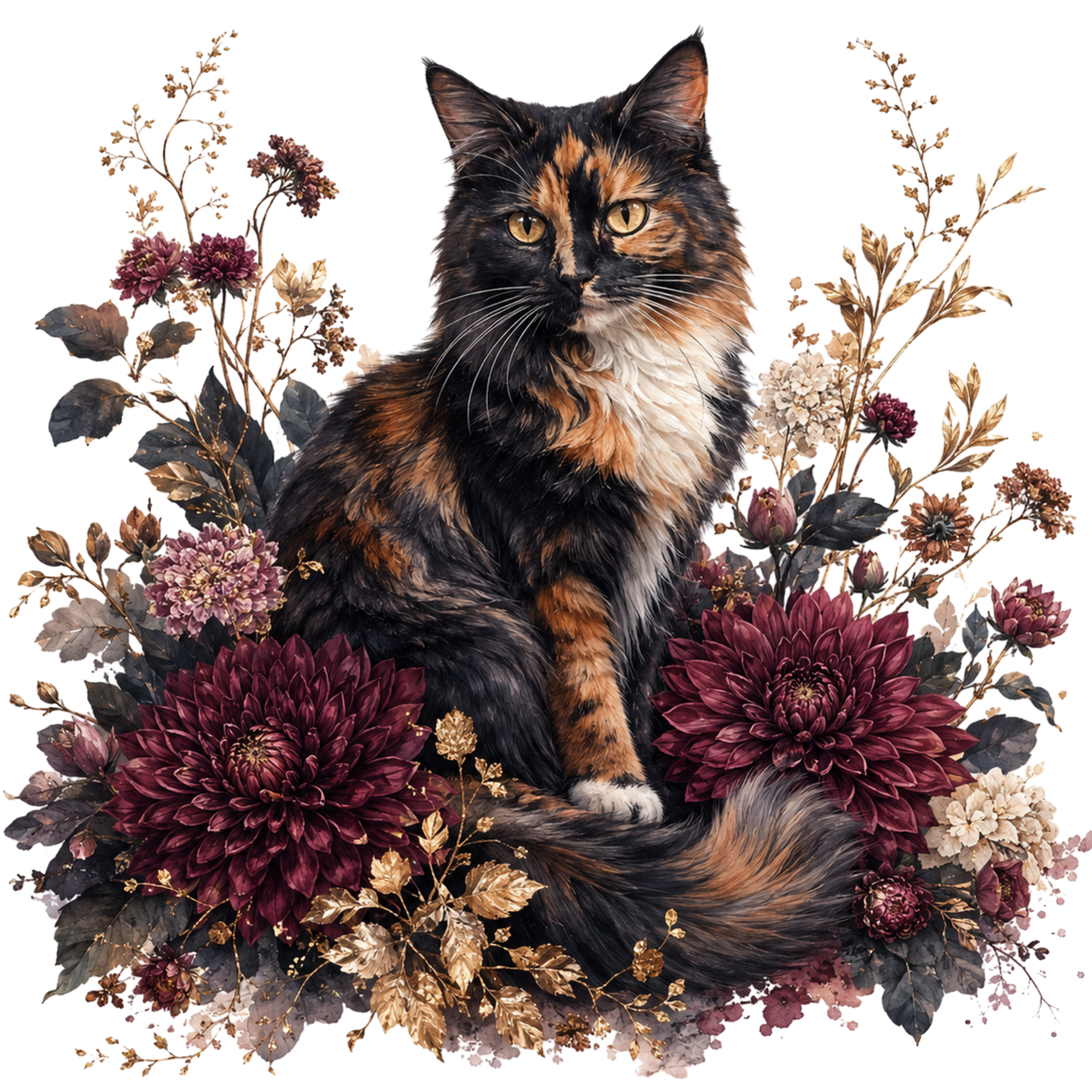 A stylized illustration of a fluffy calico cat surrounded by large burgundy chrysanthemums, cream flowers, and muted foliage on a white background.
