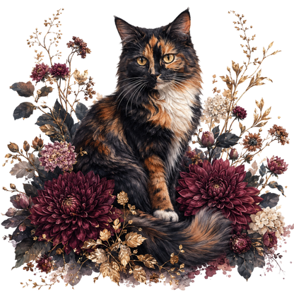 A stylized illustration of a fluffy calico cat surrounded by large burgundy chrysanthemums, cream flowers, and muted foliage on a white background.