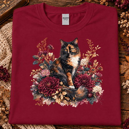 A cardinal red colored t-shirt with a stylized graphic of a fluffy calico cat surrounded by large burgundy chrysanthemums, cream flowers, and muted foliage on a white background