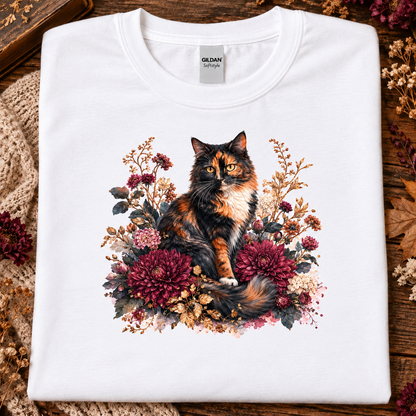 A white t-shirt with a stylized graphic of a fluffy calico cat surrounded by large burgundy chrysanthemums, cream flowers, and muted foliage on a white background