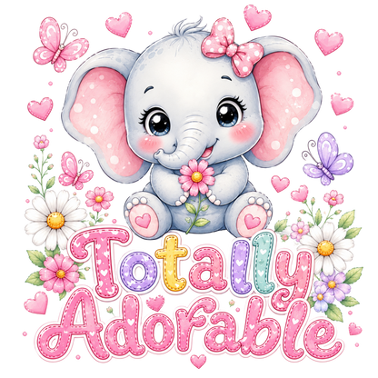 A cute cartoon baby elephant with large pink ears, a pink bow, and a flower in its trunk, surrounded by pink hearts, butterflies, daisies, and the words 'Totally Adorable' in colorful stitched lettering on a white background.