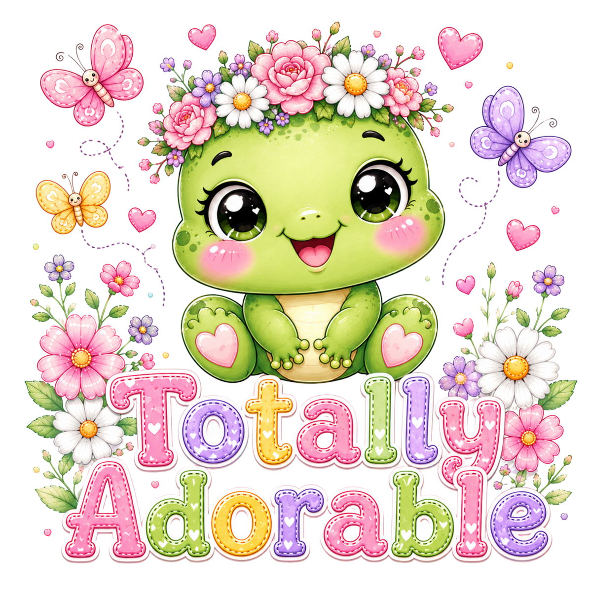 A cute cartoon turtle character with large glossy eyes, pink cheeks, a flower crown, and hearts around it, with the words 'Totally Adorable' in colorful stitched-style letters on a white background.