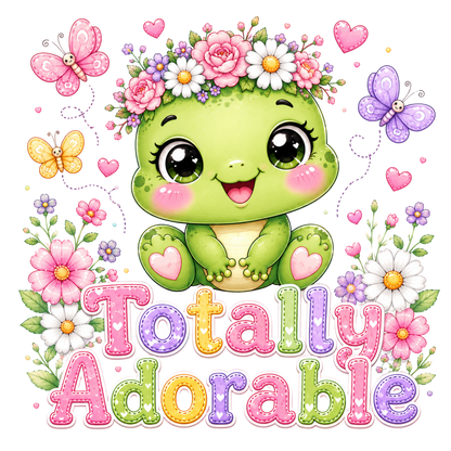 A cute cartoon turtle character with large glossy eyes, pink cheeks, a flower crown, and hearts around it, with the words 'Totally Adorable' in colorful stitched-style letters on a white background.
