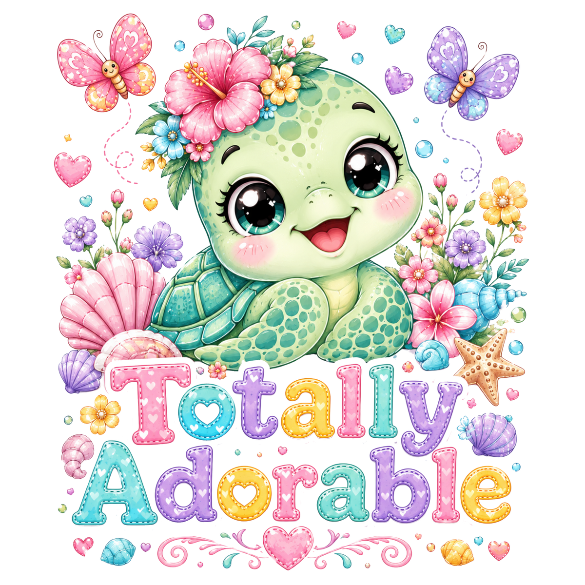 A colorful cartoon turtle character with large eyes, pink flowers in its shell, and the words 'Totally Adorable' in pastel decorative lettering on a white background, surrounded by butterflies, hearts, flowers, and seashells.