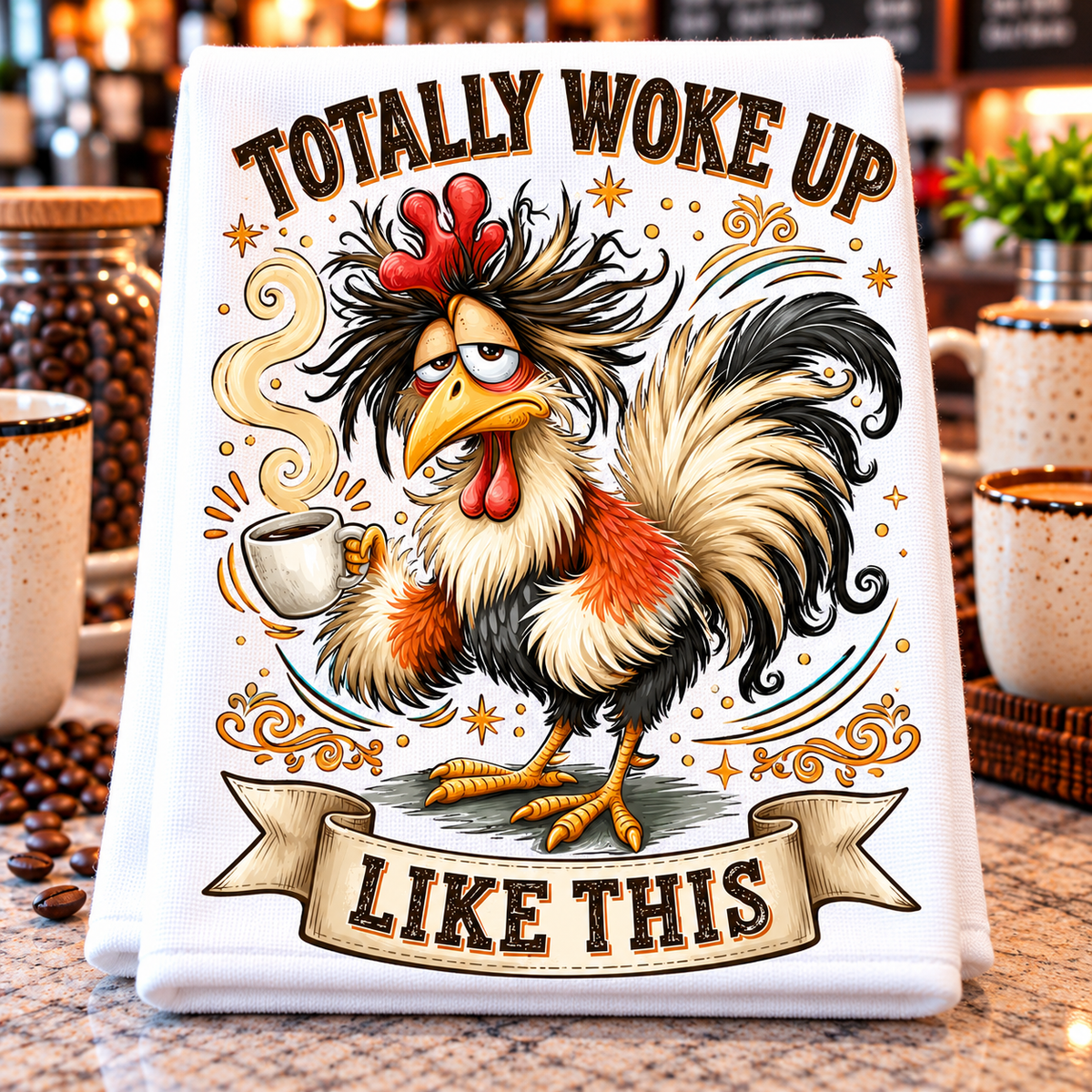 A white kitchen towel or tea towel displayed on a countertop, featuring a colorful graphic of a rooster holding a mug with the text 'TOTALLY WOKE UP LIKE THIS'. The background shows a blurred kitchen setting with coffee beans and mugs.
