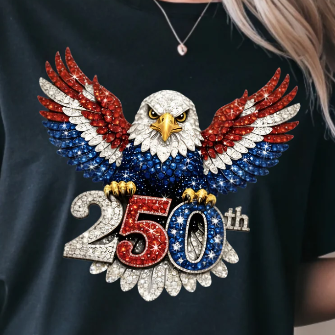 America 250th anniversary patriotic eagle design with red white and blue faux rhinestone style 250 graphic