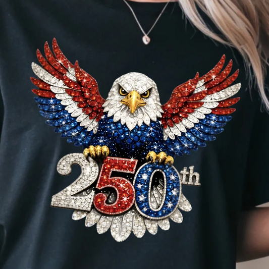 America 250th anniversary patriotic eagle design with red white and blue faux rhinestone style 250 graphic